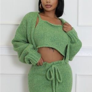 3-Piece Green Knit Cropped Sweater and Skirt Set